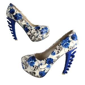 Show Story Bone Spine 5" Heel Women's 9 Platform Shoes Skulls Blue Roses Goth
